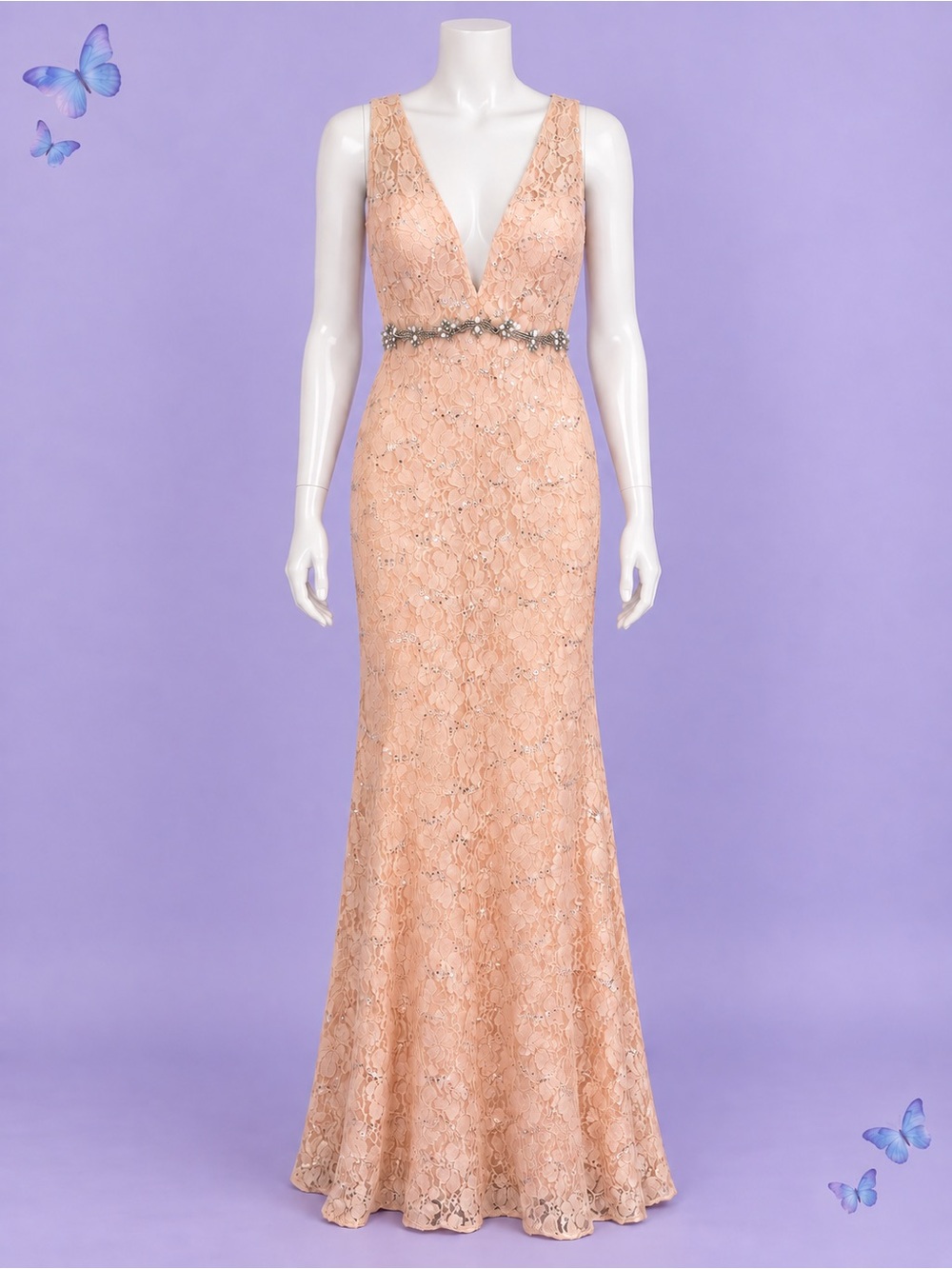 My Michelle Blush Peach Lace Prom Gown with Beaded Waist